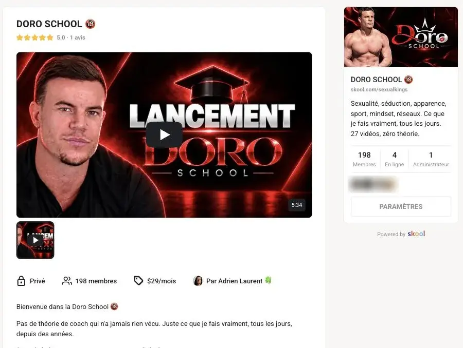 Page de présentation de la Doro School sur Skool : prix, nombre de membres et vidéo de lancement